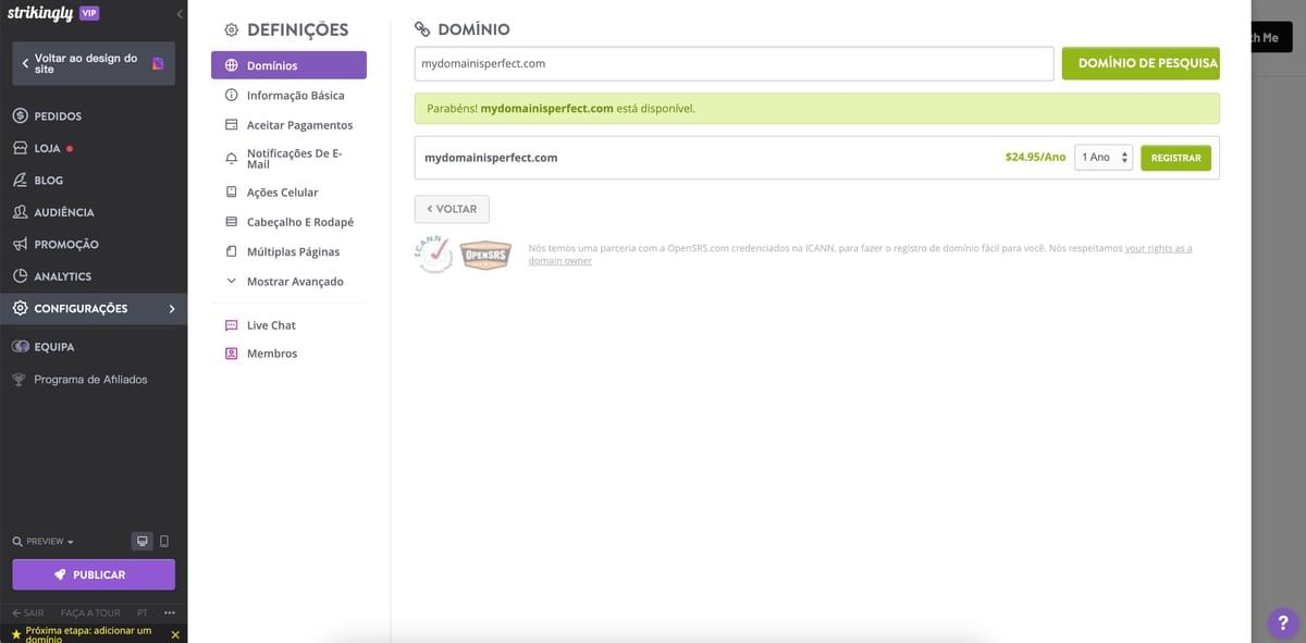 Página de Seleção de Domínio