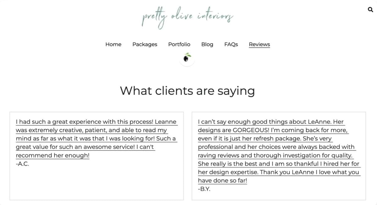 Página de prova social da Pretty Olive Interior