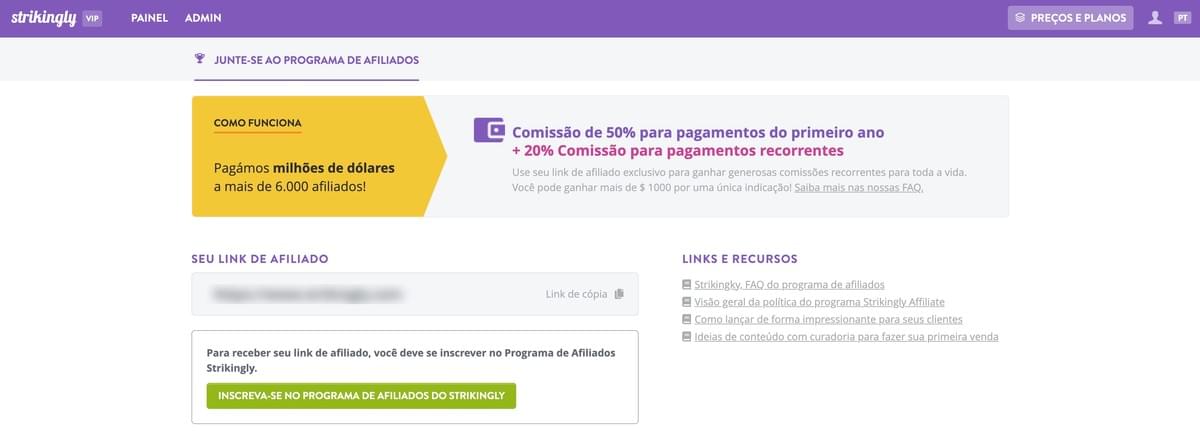 Programa de Afiliados da Strikingly