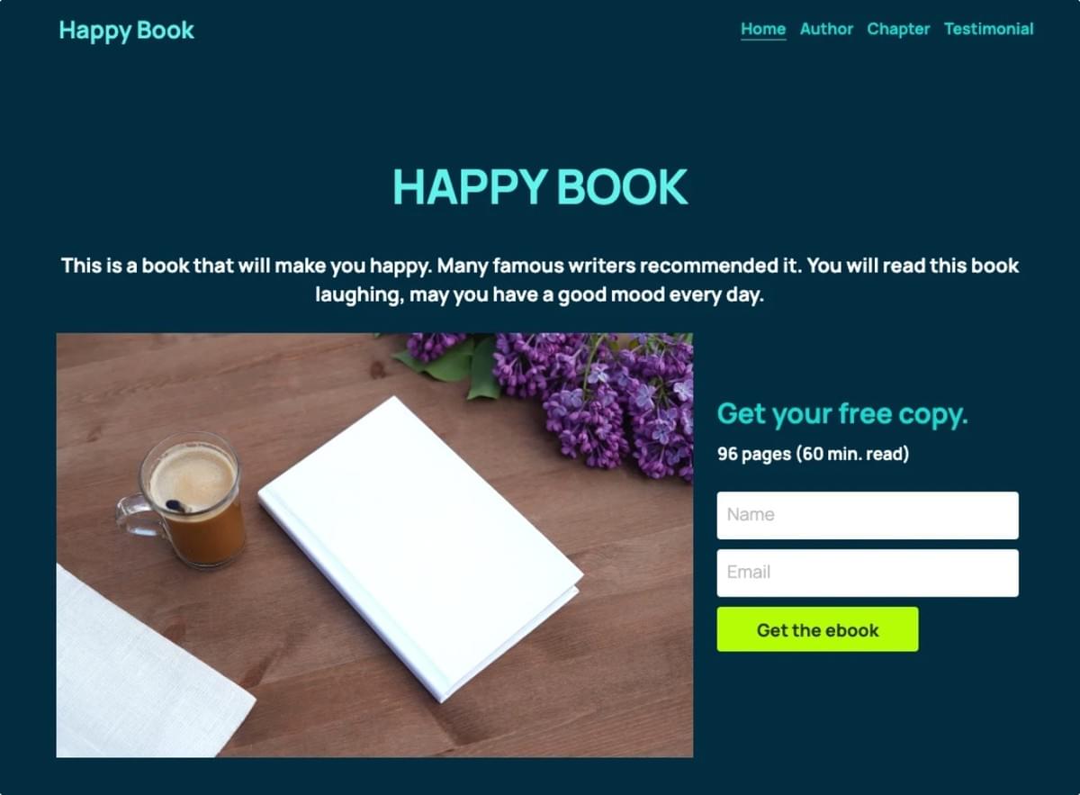 Modelo de Livro Feliz com Strikingly