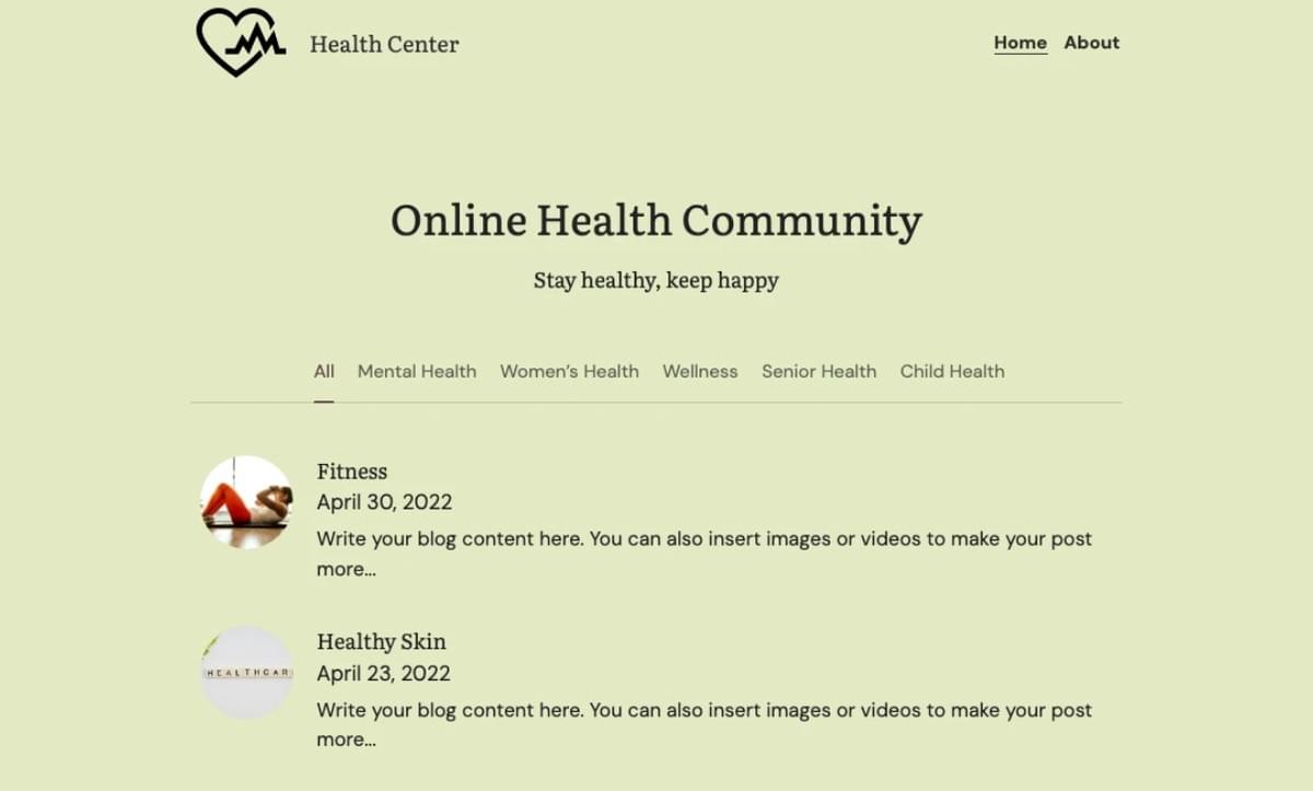Modelo de blog para centro de saúde da Strikingly