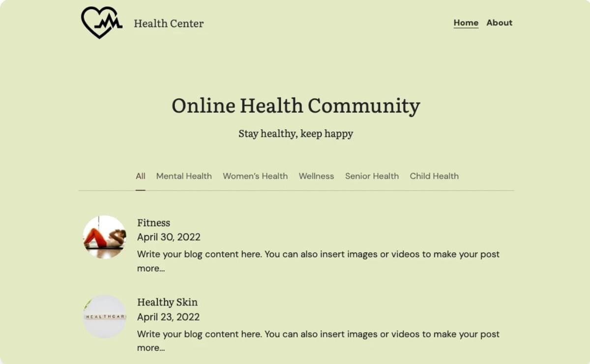 Health Center Template van Strikingly