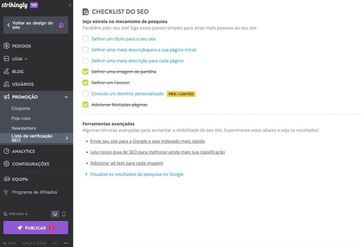 Checklist de SEO do Strikingly