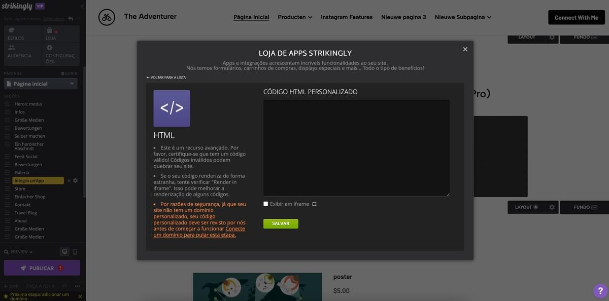Seção HTML Strikingly via App Store