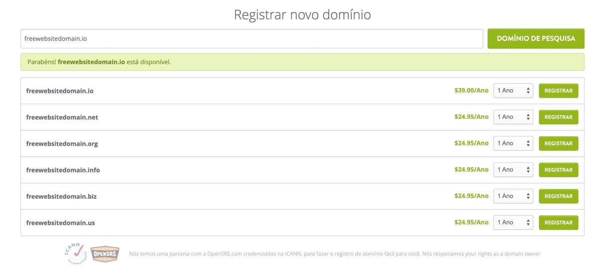 Página de registo de domínio impressionante