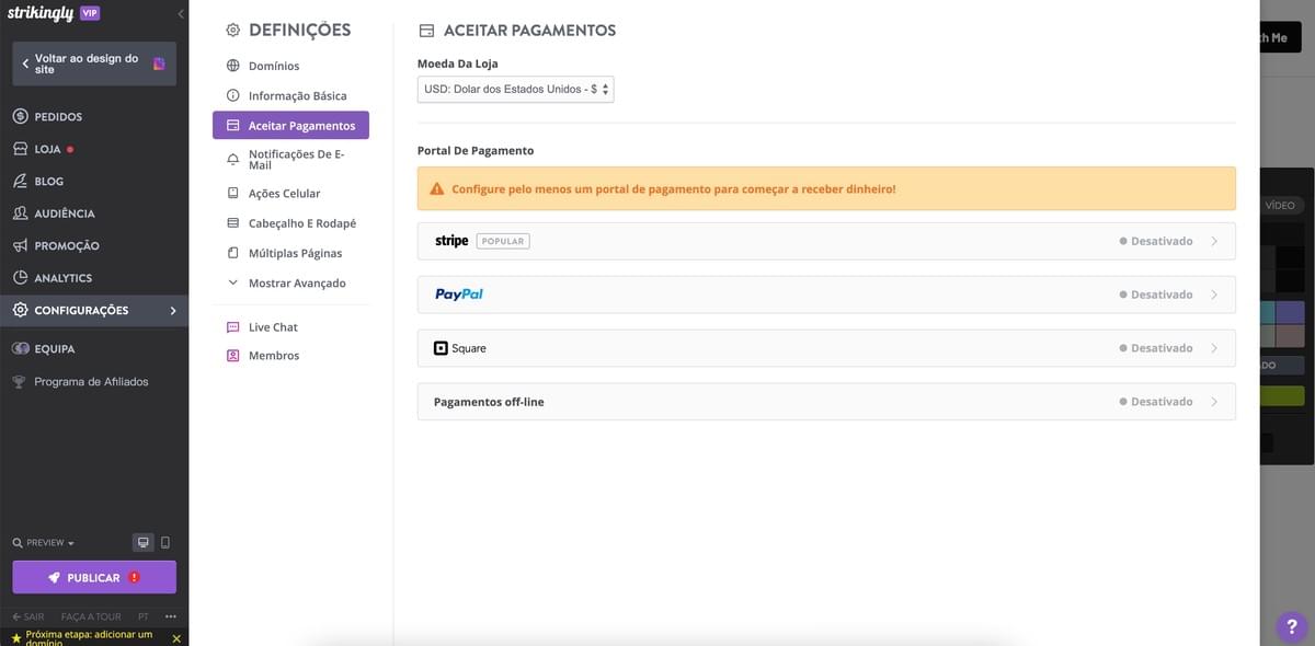 Página de Pagamento da Loja Strikingly