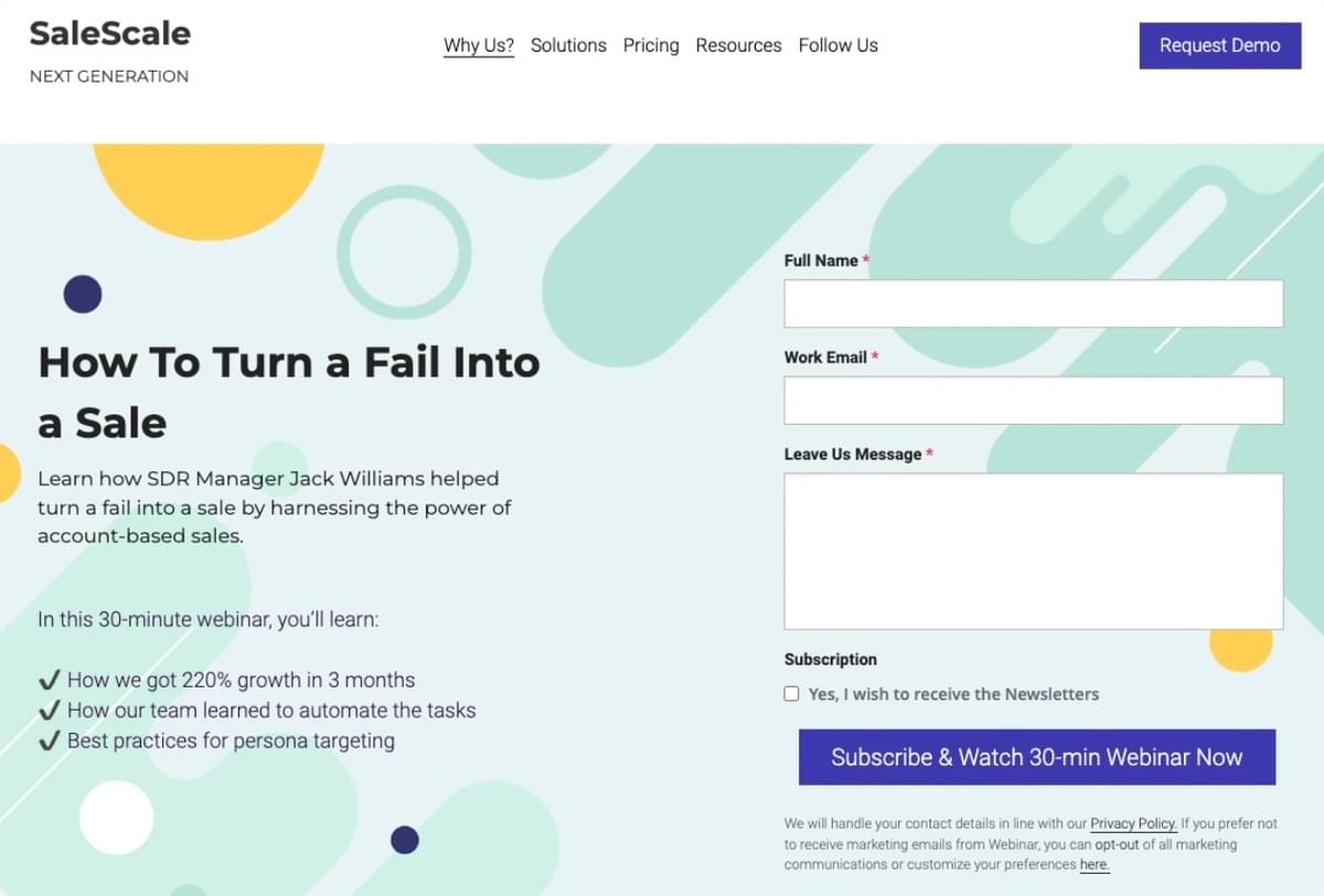 Modelo SaleScale da Strikingly