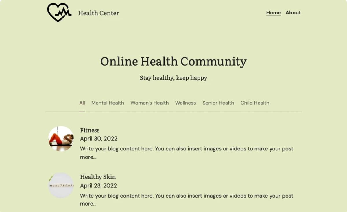 Modelo de Centro de Saúde da Strikingly