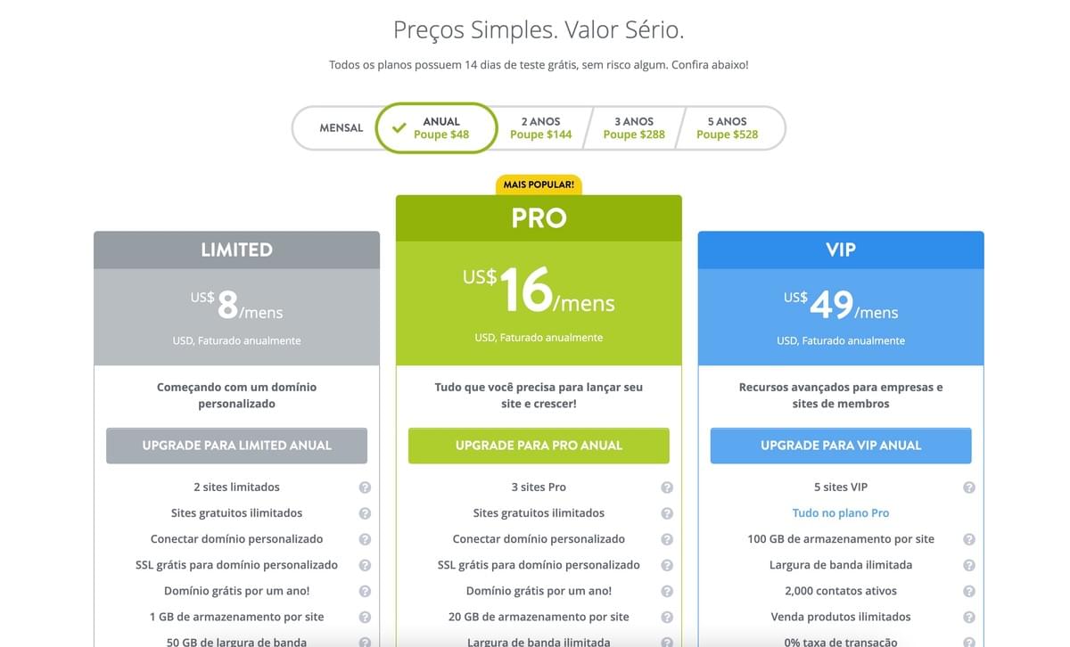 Página de Preços da Strikingly