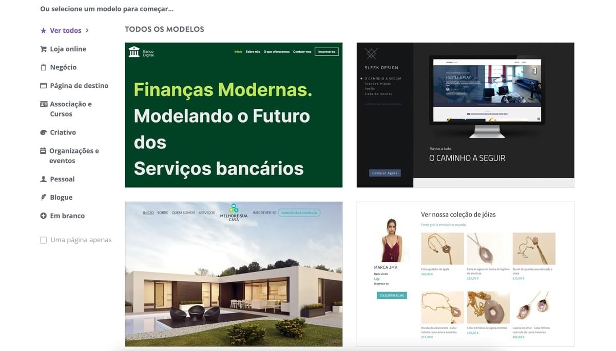 Página de seleção de modelos impressionante