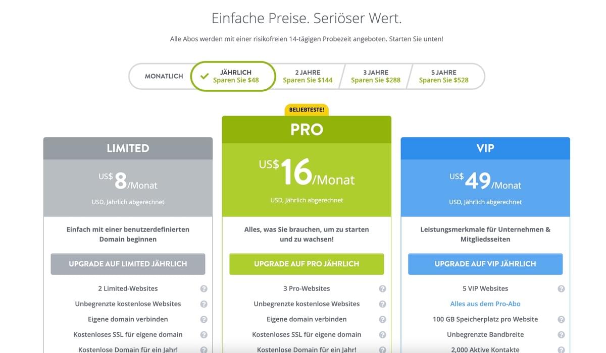 Strikingly Preis-Seite