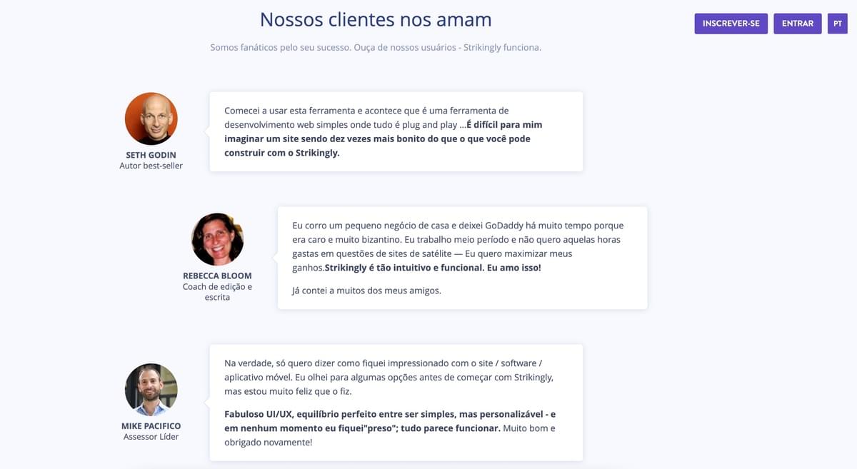 Página de Depoimentos Strikingly