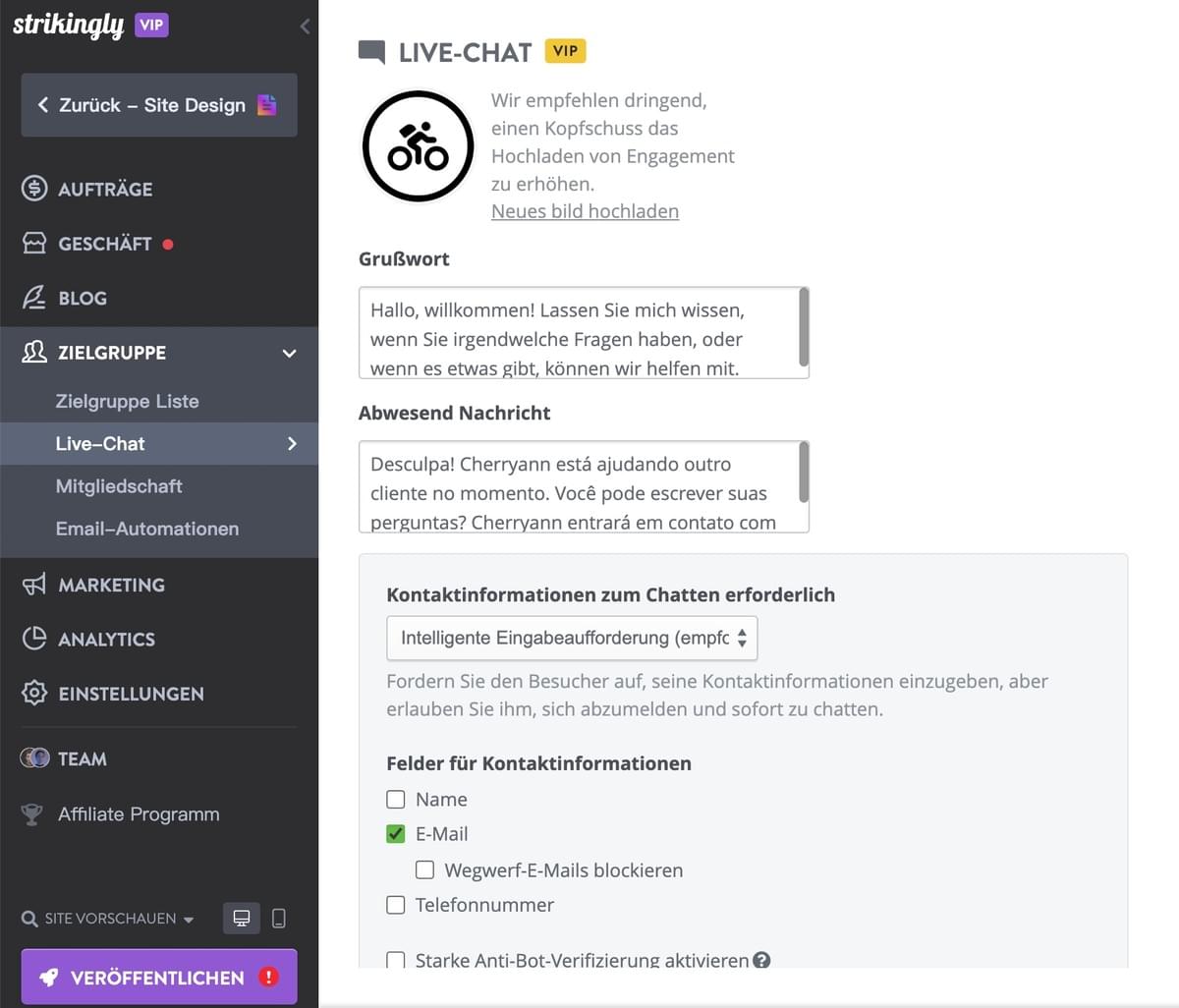 Seite zum Einrichten der automatischen Antwort