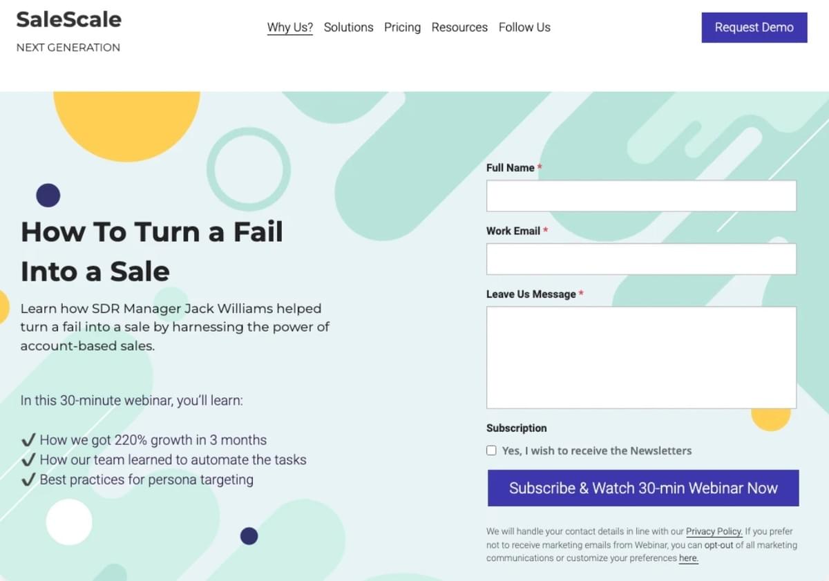 Modelo SaleScale da Strikingly