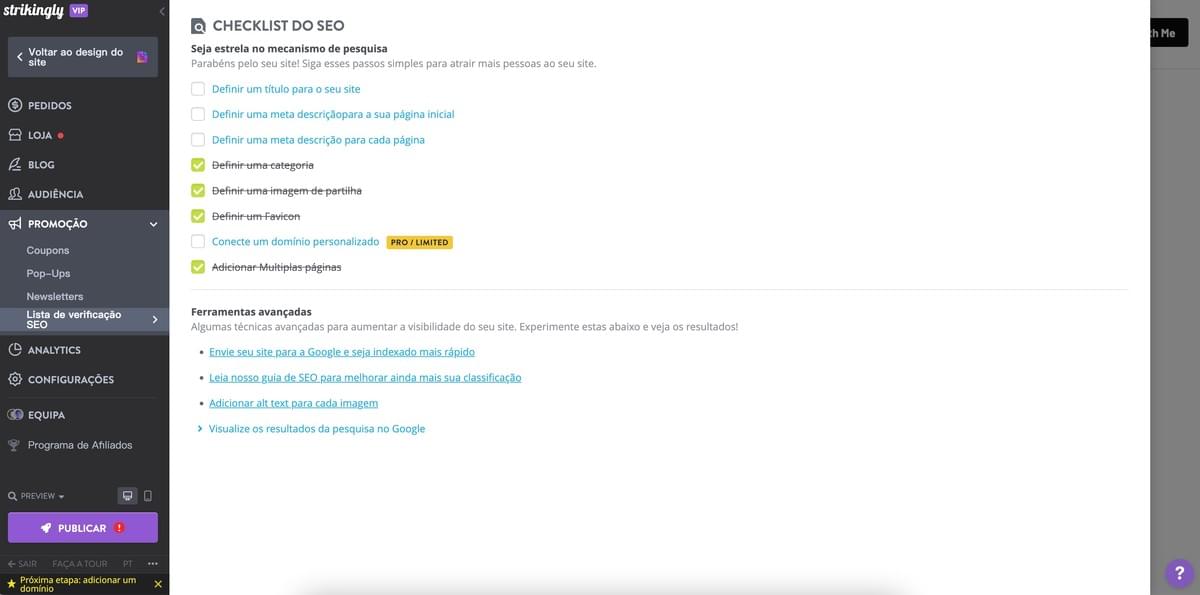 Checklist de SEO do Strikingly