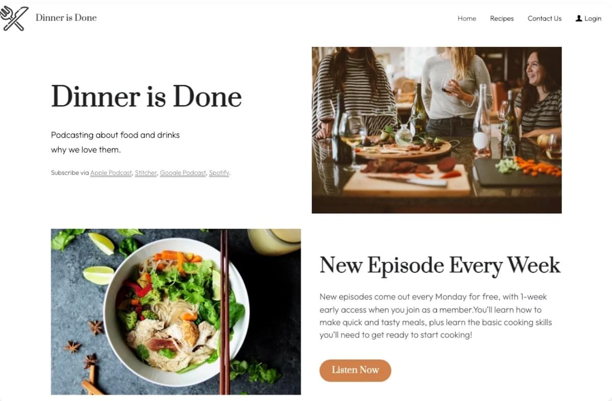 Modelo "Dinner is Done" do Strikingly