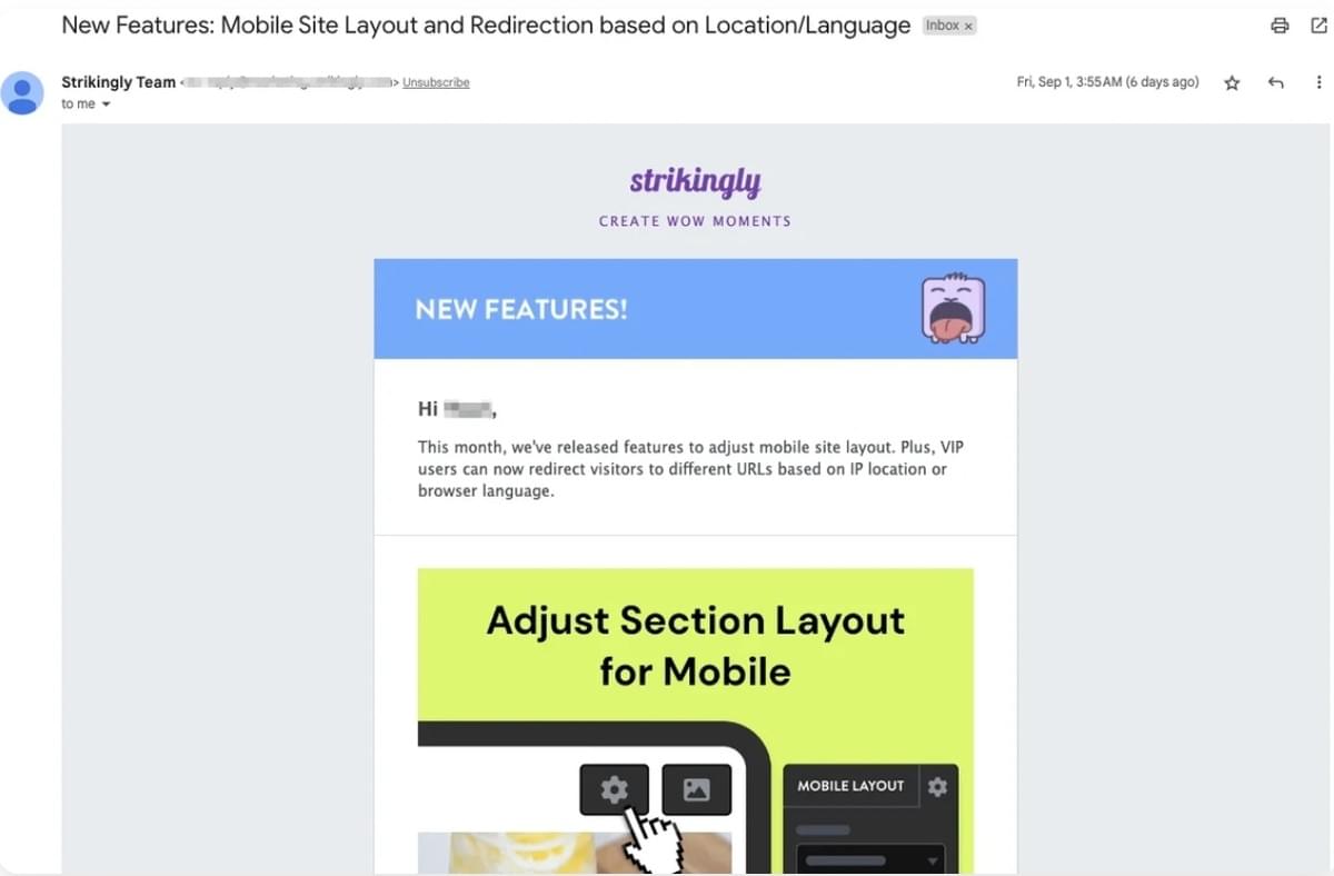 E-mail de Novo Recurso do Strikingly