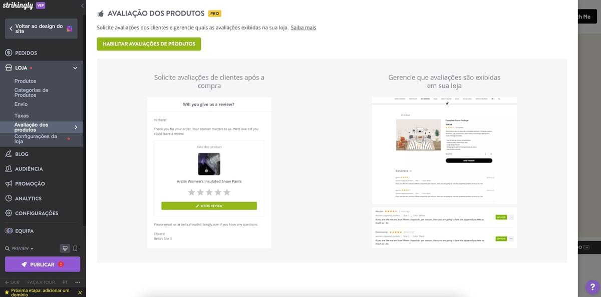 Recurso de avaliação de produtos da Strikingly