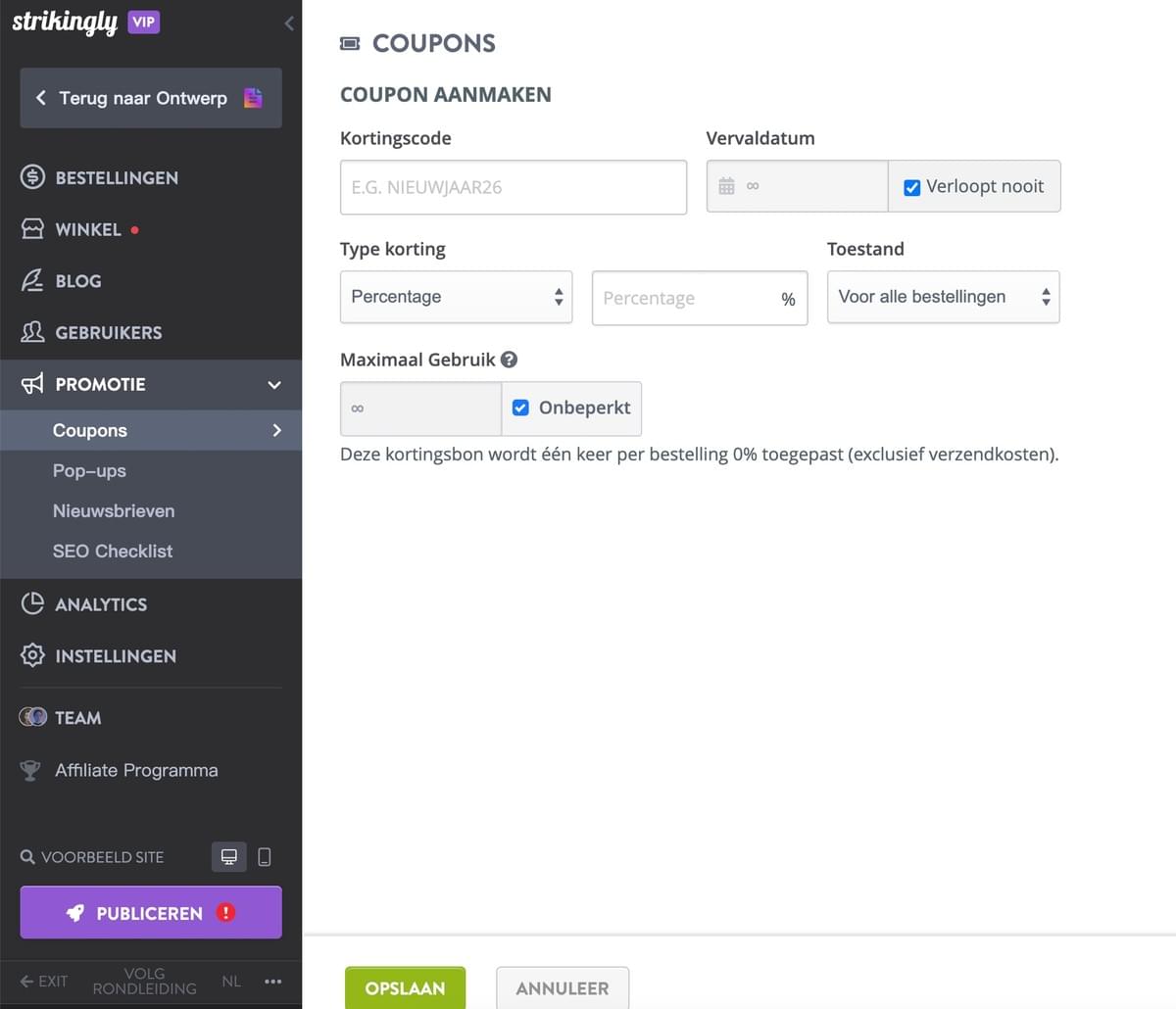 Coupons Pagina van Strikingly