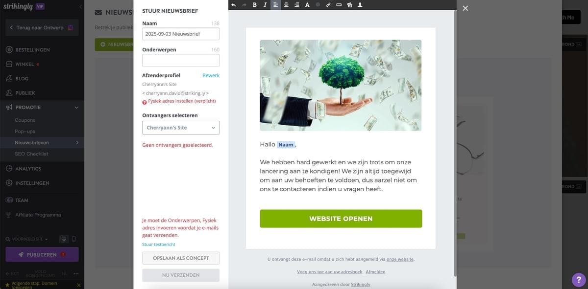 Een Koffiebedrijf Opbouwen Met Strikingly - Implementeer een e-mailnieuwsbrief