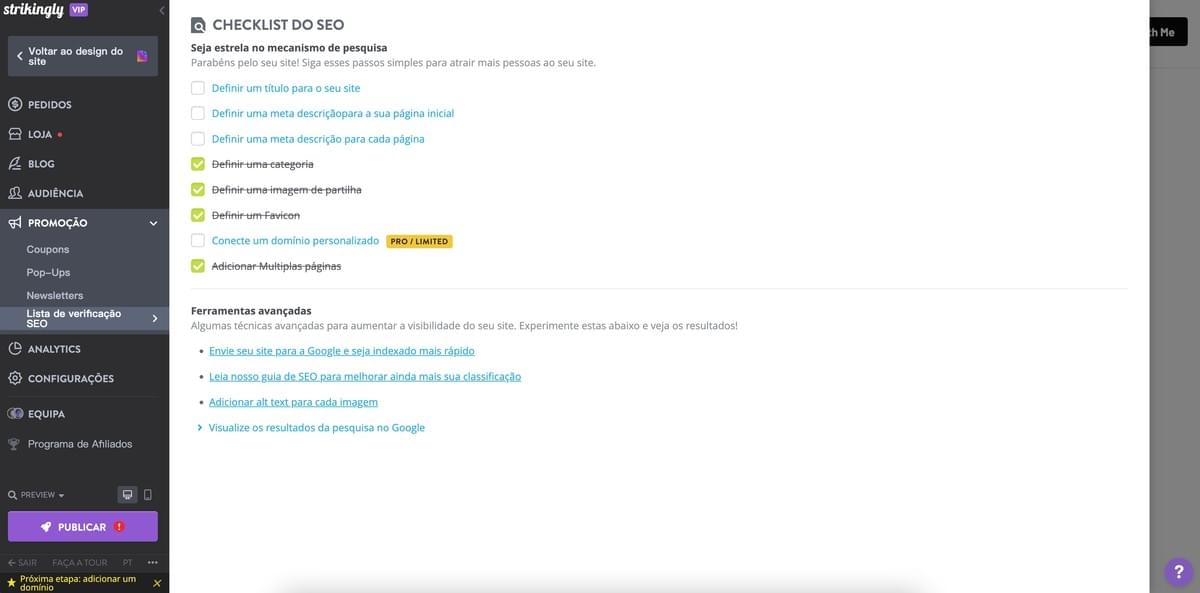 Checklist de SEO da Strikingly