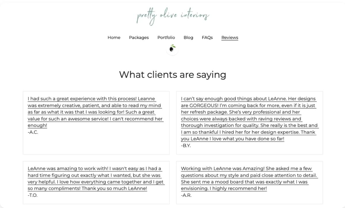 Página de avaliação de interiores da Pretty Olive