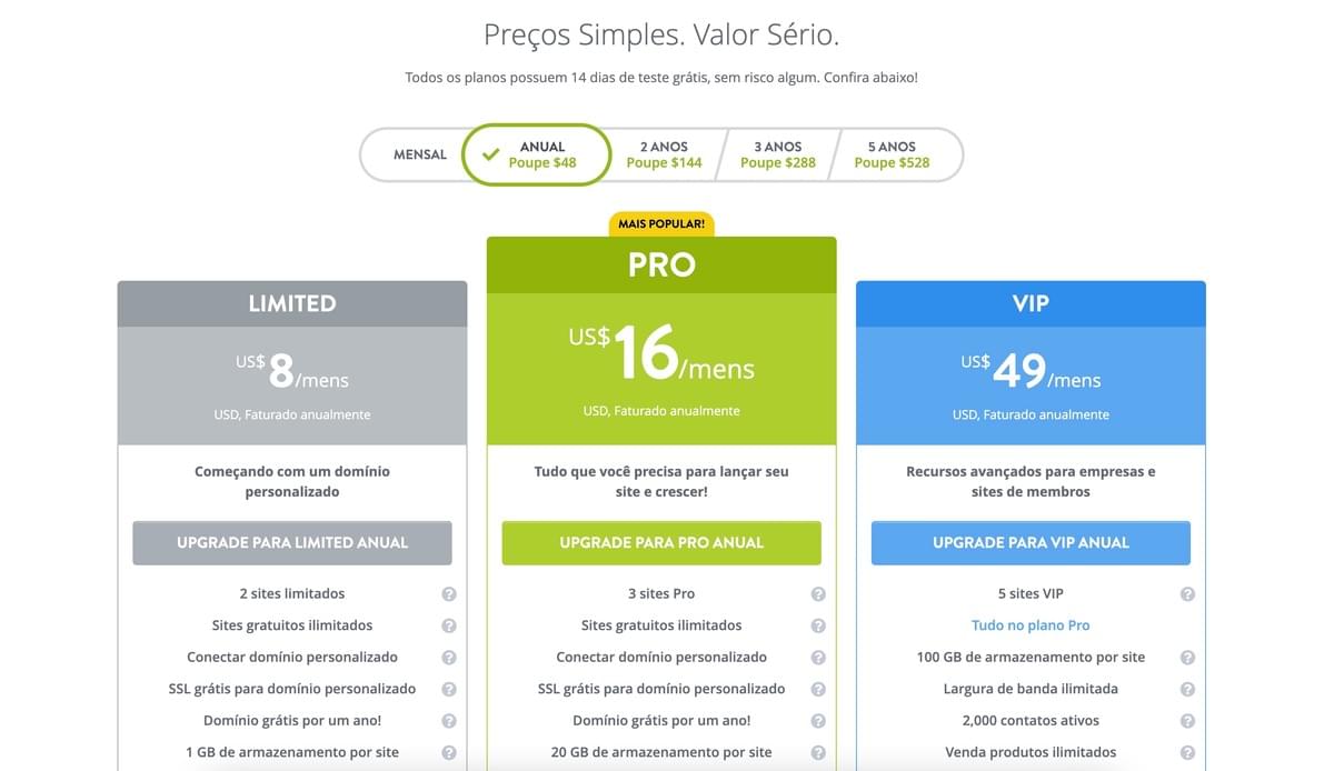 Página de Preços da Strikingly