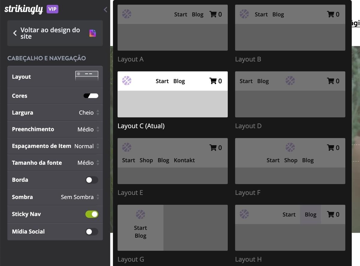 Configurações de Navegação no Editor de Sites Strikingly
