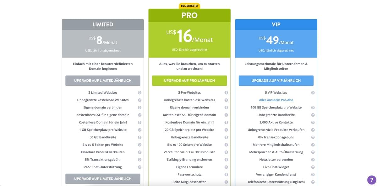 Strikingly Preisseite