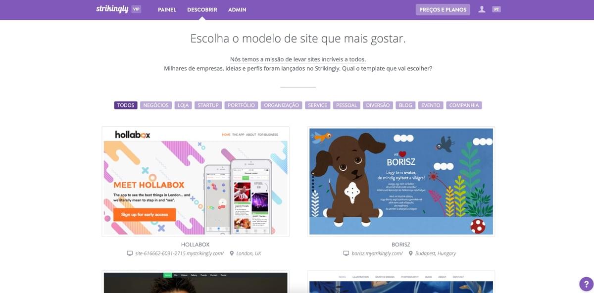 Página de Seleção de Templates do Strikingly