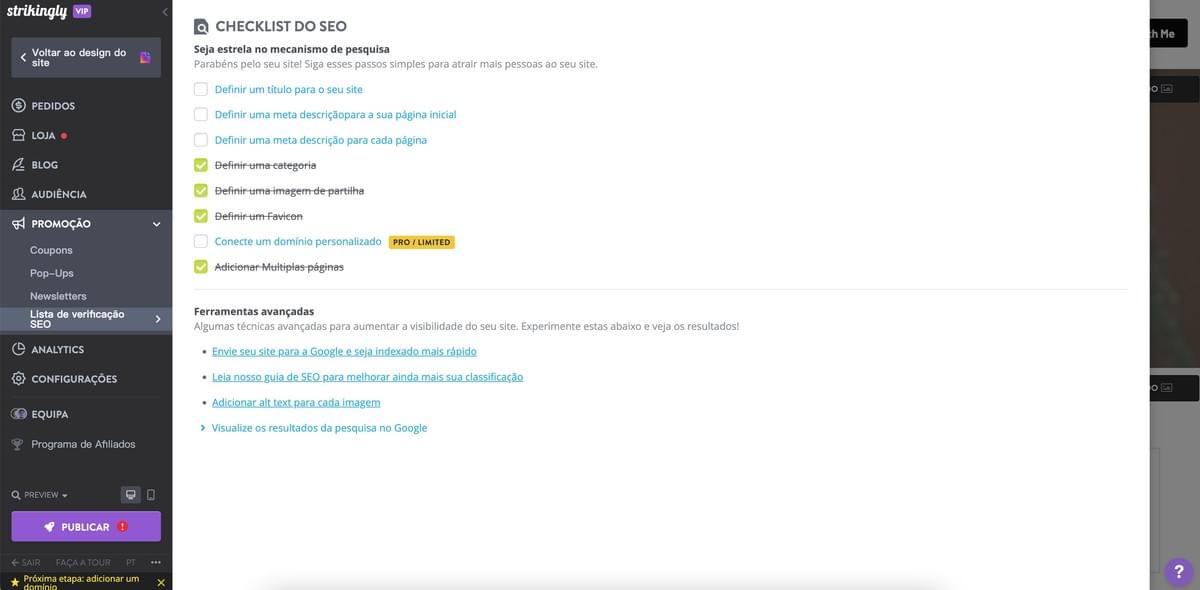 Checklist de SEO da Strikingly