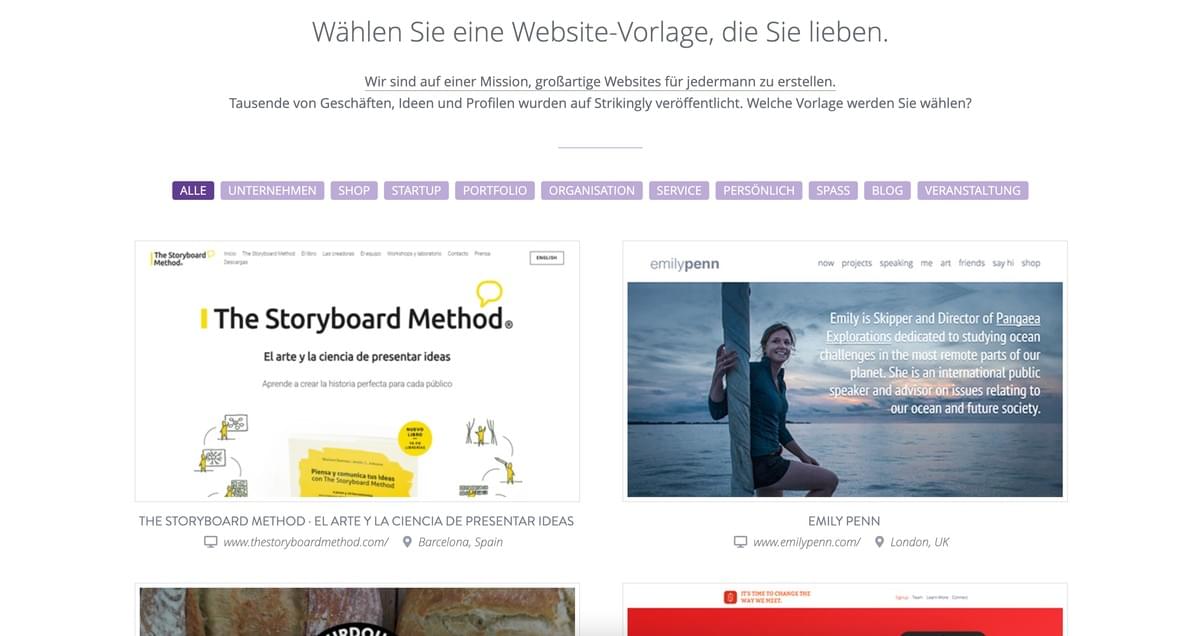 Strikingly Online-Shop Vorlagenauswahlseite