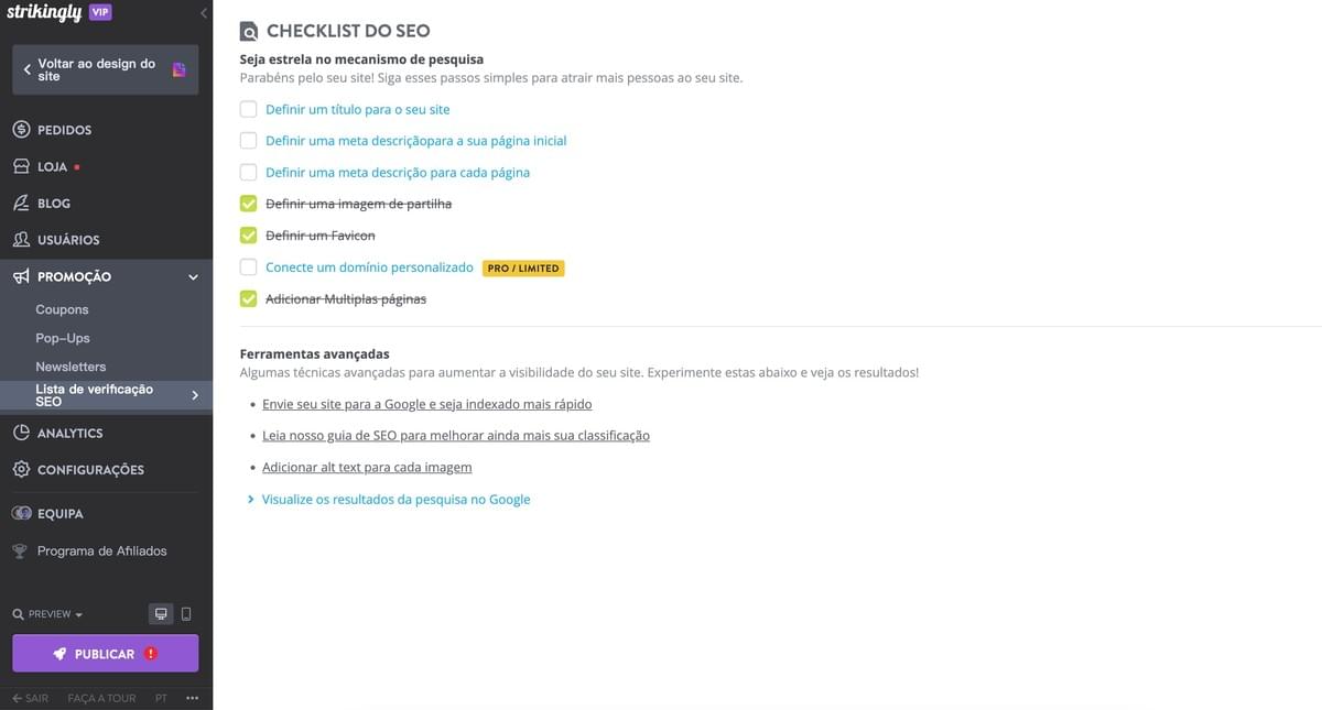 Checklist de SEO da Strikingly