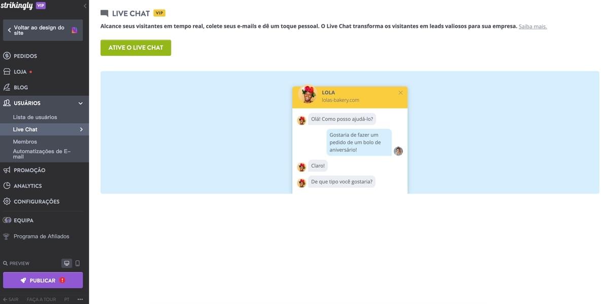 Recurso LiveChat da Strikingly