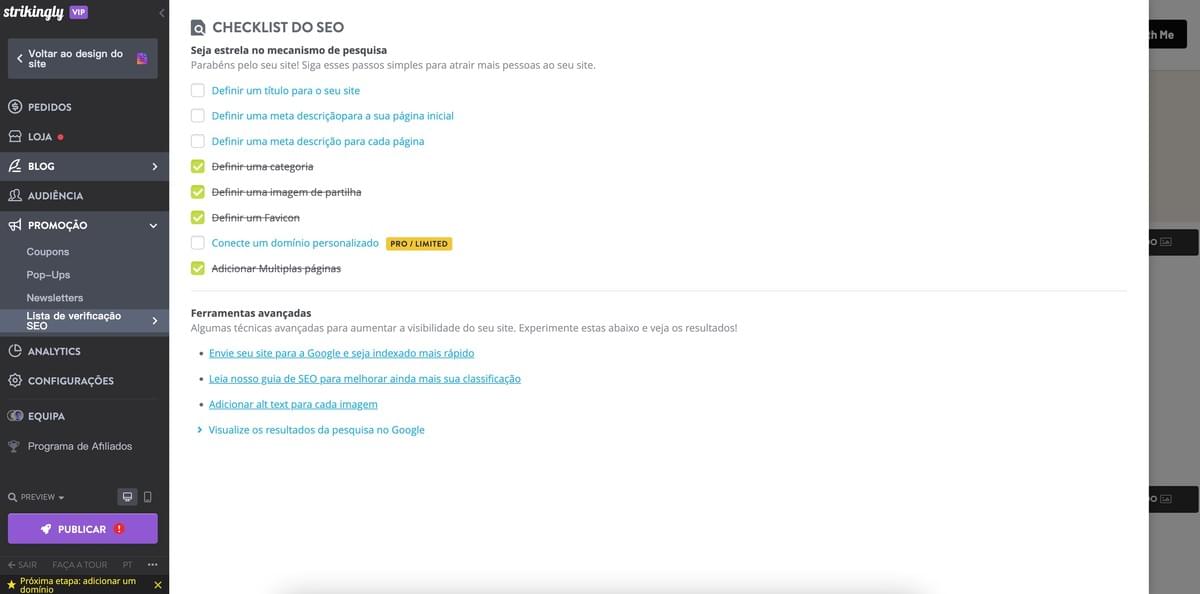 Lista de Verificação de SEO Strikingly