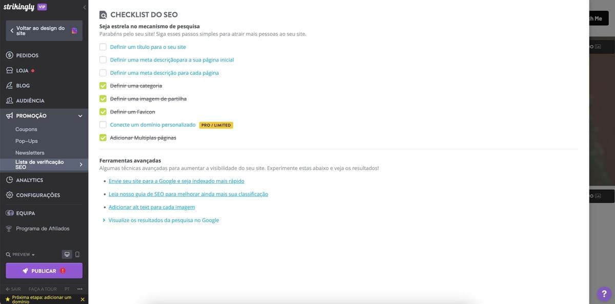 Como iniciar um negócio online com a Strikingly - Otimize para SEO