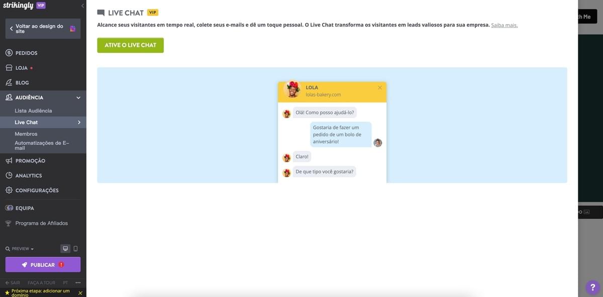 Recurso de Chat ao Vivo da Strikingly