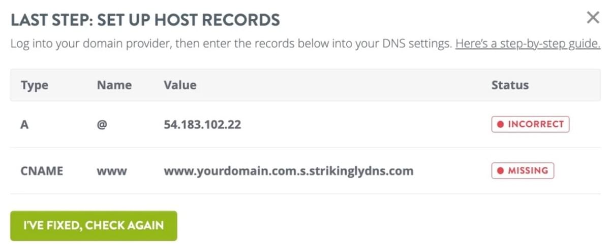 Registros DNS do Strikingly