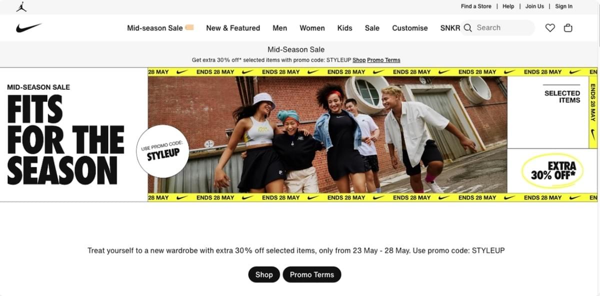 Startpagina van de Nike-website