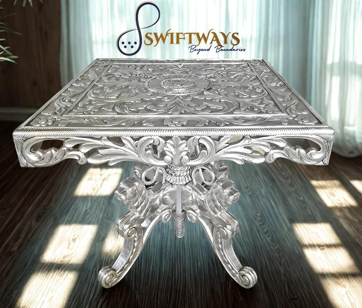 At SwiftWays, we pride ourselves on our commitment to craftsmanship. Each piece of furniture is meticulously handcrafted by skilled artisans, blending traditional techniques with modern aesthetics. Our dedication to quality ensures that every item is not just a piece of furniture, but a work of art that brings history into your home. Handcrafted Excellence What We Create Swiftways blends India’s rich heritage of craftsmanship with contemporary design to create bespoke luxury silver furniture. Inspired by centuries-old artistry from the Indus Valley to the Mughal era each handcrafted piece showcases exceptional quality, intricate detailing, and a deep cultural legacy. Committed to sustainability and tradition, Swiftways offers timeless masterpieces that seamlessly fuse history with modern innovation.
