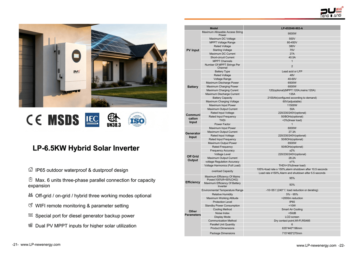 6.5KW Hybrid Solar Inverter | Residential PV Energy Inverter