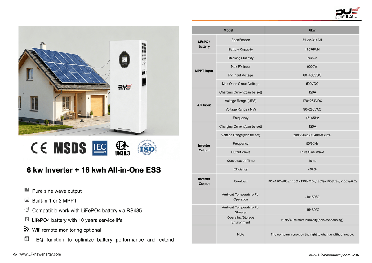 Vertical 6kW Hybrid Solar Inverter All In One ESS 16kWh LiFePO4 Battery for Home Backup & Off-Grid P