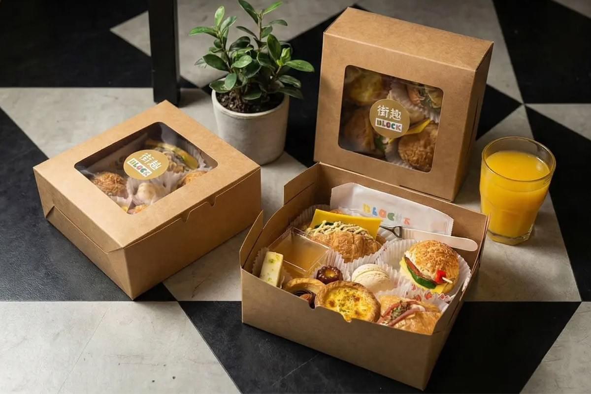 街趣BLOCK&推出的高雄西點餐盒，包含可頌、塔類、馬卡龍與迷你漢堡等精緻點心，適合聚會與包場活動使用