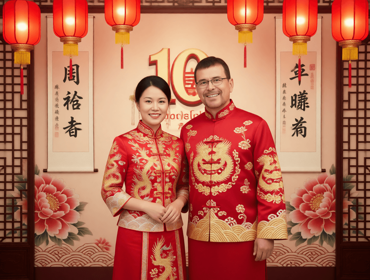 Qwen AI edit: a romantic couple pose for their 10th wedding anniversary photos in Tang Dynasty based clothing.