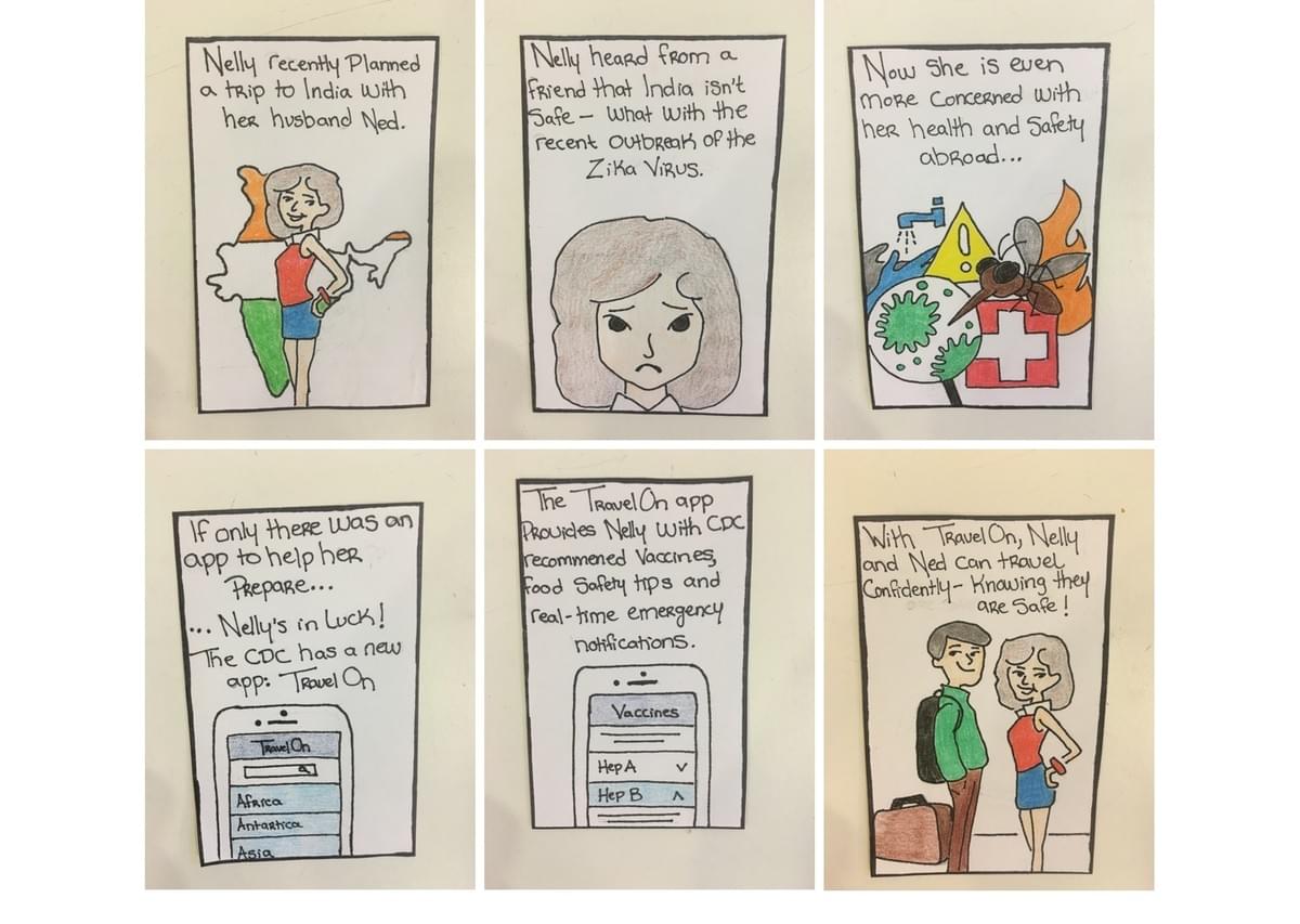 Storyboard of Nelly using TravelOn to safely plan a trip