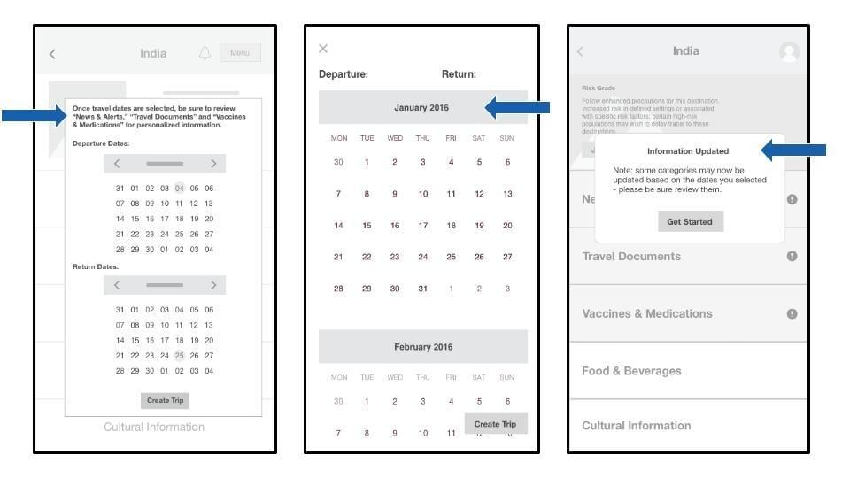 Wireframes of Calendar screens