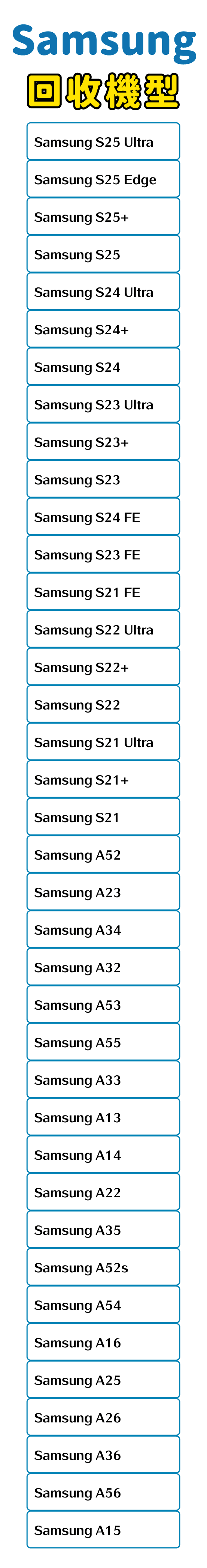 BUNNIT手機自助回收機，android或三星回收型號包含 Samsung A15、Samsung A56、Samsung A36、Samsung A26、Samsung A25、Samsung A16、Samsung A54、Samsung A52s、Samsung A35、Samsung A22、Samsung A14、Samsung A13、Samsung A33、Samsung A55、Samsung A53、Samsung A32、Samsung A34、Samsung A23、Samsung A52、Samsung S21、Samsung S21+、Samsung S21 Ultra、Samsung S22、Samsung S22+、Samsung S22 Ultra、Samsung S21 FE、Samsung S22 FE、Samsung S23 FE、Samsung S24 FE、Samsung S23、Samsung S23+、Samsung S23 Ultra、Samsung S24、Samsung S24+、Samsung S24 Ultra、Samsung S25、Samsung S25+、Samsung S25 Edge、Samsung S25 Ultra