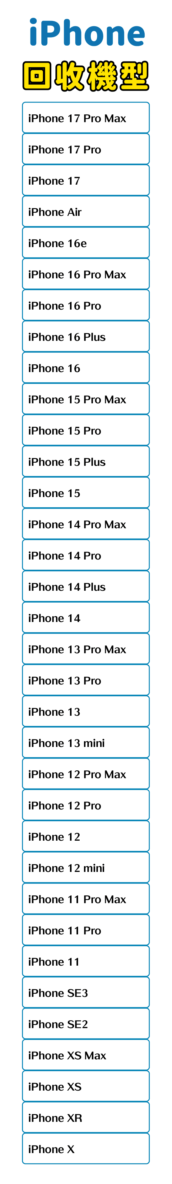 BUNNIT手機自助回收機，iOS或蘋果回收型號包含iPhone 8、iPhone 8 Plus、iPhone X、iPhone XS、iPhone XR、iPhone XS Max、iPhone SE2、iPhone SE3、iPhone 11、iPhone 11 Pro、iPhone 11 Pro Max、iPhone 12 mini、iPhone 12、iPhone 12 Pro、iPhone 12 Pro Max、iPhone 13 mini、iPhone 13、iPhone 13 Pro、iPhone 13 Pro Max、iPhone 14、iPhone 14 Plus、iPhone 14 Pro、iPhone 14 Pro Max、iPhone 15、iPhone 15 Plus、iPhone 15 Pro、iPhone 15 Pro Max、iPhone 16 、iPhone 16 Plus、iPhone 16 Pro、iPhone 16 Pro Max、iPhone 16e、iPhone Air、iPhone 17、iPhone 17 Pro、iPhone 17 Pro Max