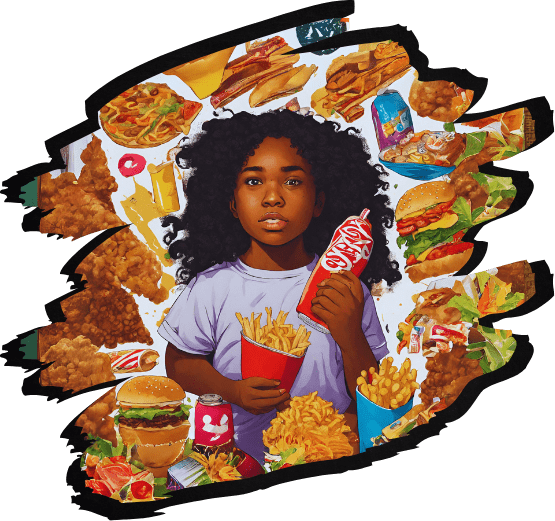 The Challenge We Face Image Description: A young child, with a contemplative expression, is surrounded by an overwhelming array of fast food items, including burgers, fries, and sodas — a stark representation of the unhealthy food environment that many children find themselves in, particularly in low-income and minority communities.  This striking image underscores the urgent need for programs like Lead, Seed & Feed, which provide access to fresh produce and educate communities on the importance of healthy eating.