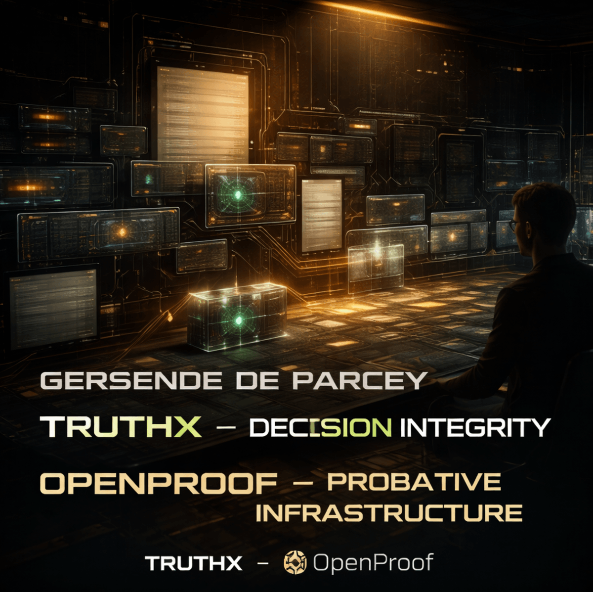 Gersende de Parcey with TRUTHX and OpenProof visual identity — decision integrity and probative infrastructure under pressure